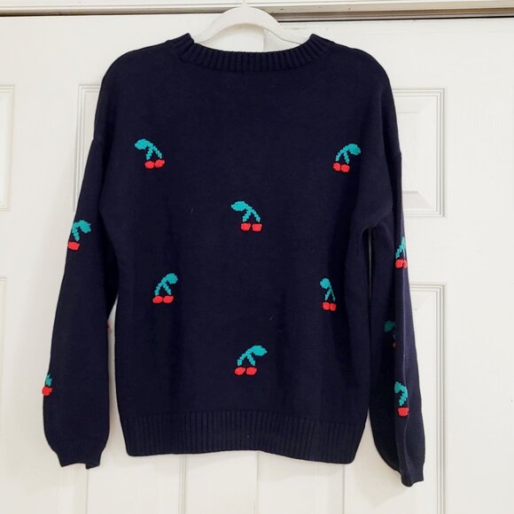 NWT Loft Oversized Navy Knit Sweater Cherry Print Size M / Medium L / Large - Picture 1 of 5